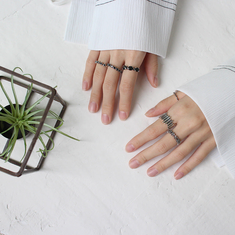 Vintage Black CZ Daisy Flower Bud Lines 925 Sterling Silver Adjustable Ring