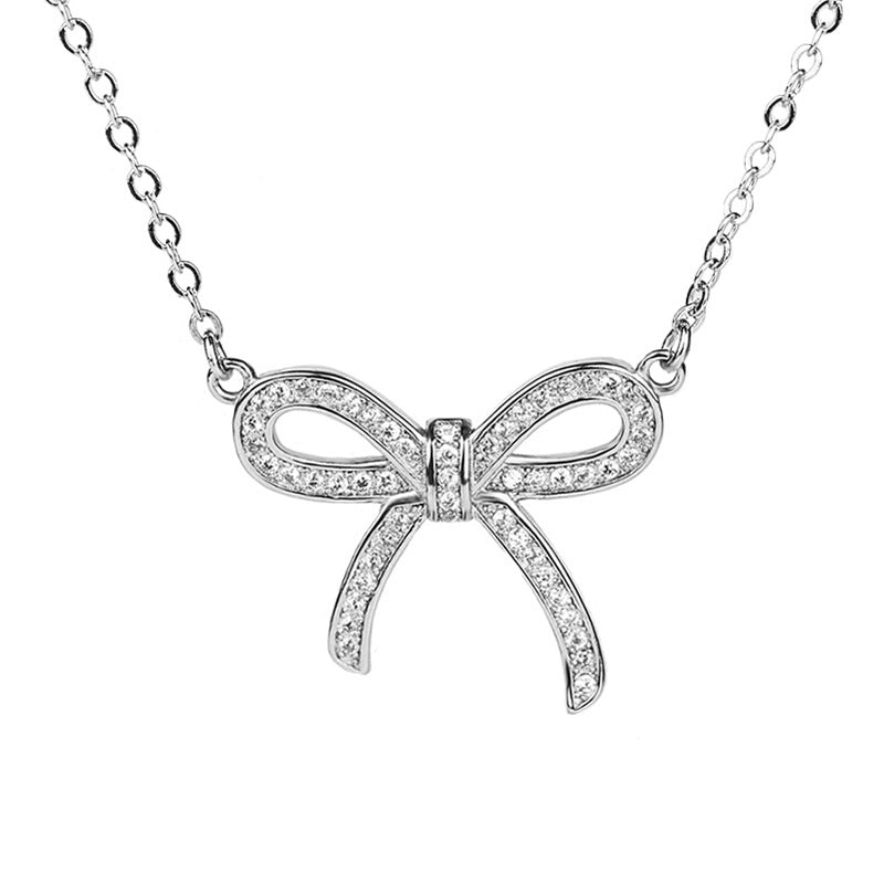 Girl Hollow CZ Bow-Knot Sweet 925 Sterling Silver Necklace