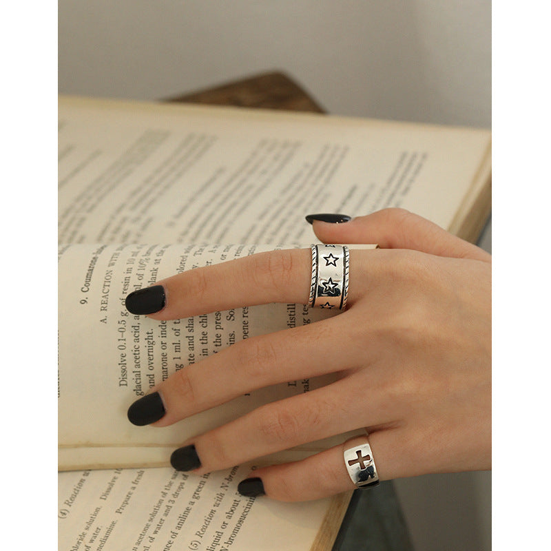 Vintage Star Pattern Twisted Border 925 Sterling Silver Adjustable Ring