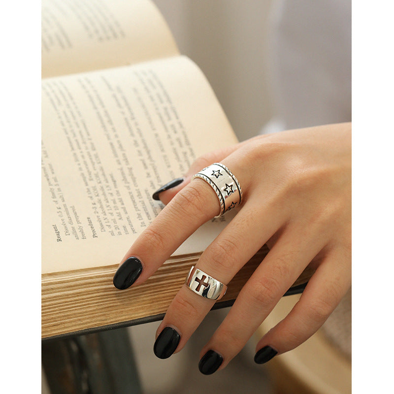 Vintage Star Pattern Twisted Border 925 Sterling Silver Adjustable Ring