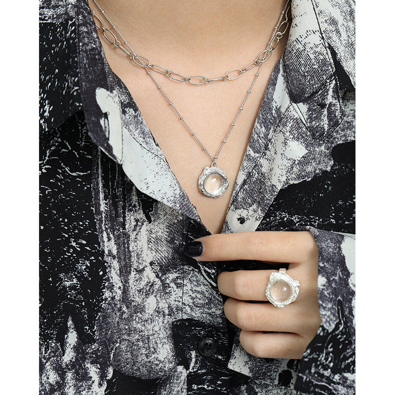 Gift Round Natural Anemousite White Crystal Irregular 925 Sterling Silver Necklace