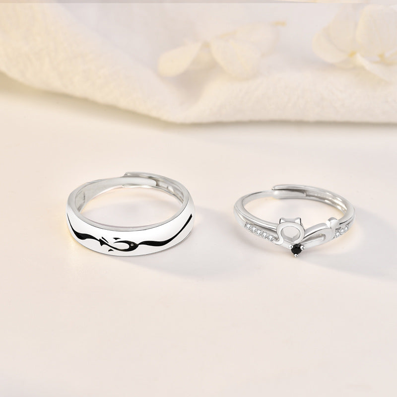 Fashion CZ Cat Love Fish 925 Sterling Silver Adjustable Promise Ring