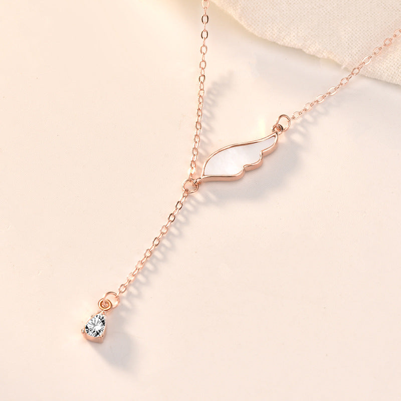 Sweet Mother of Shell Angel Wings CZ 925 Sterling Silver Necklace