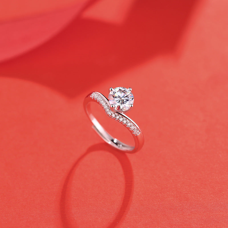 Honey Moon Round Moissanite CZ V Shape 925 Sterling Silver Adjustable Ring