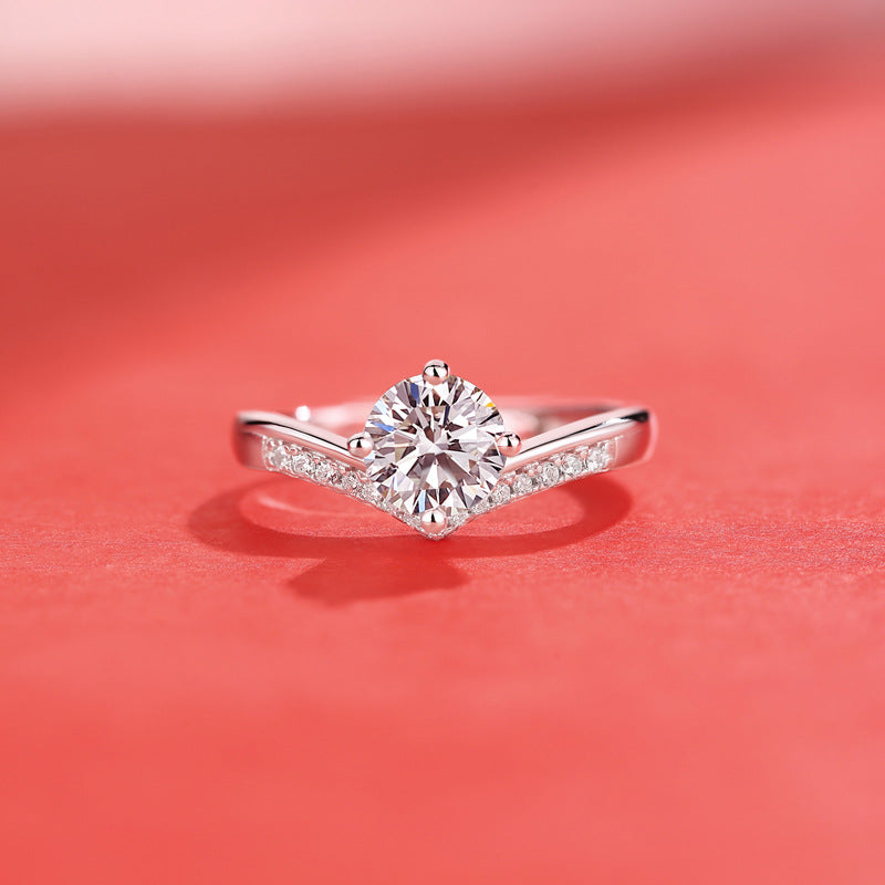 Honey Moon Round Moissanite CZ V Shape 925 Sterling Silver Adjustable Ring