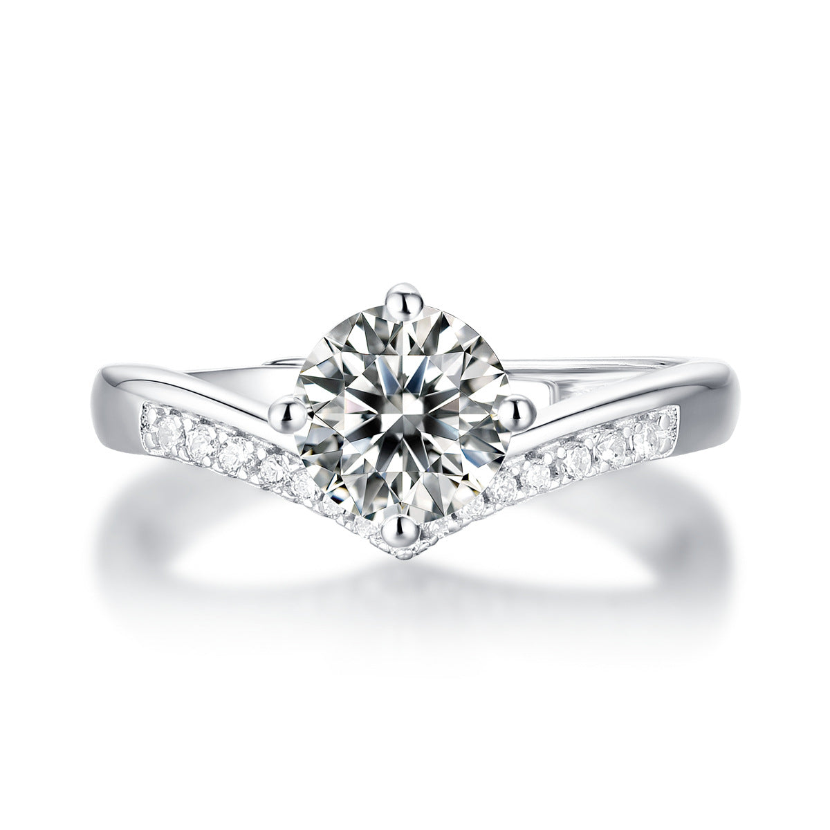 Honey Moon Round Moissanite CZ V Shape 925 Sterling Silver Adjustable Ring