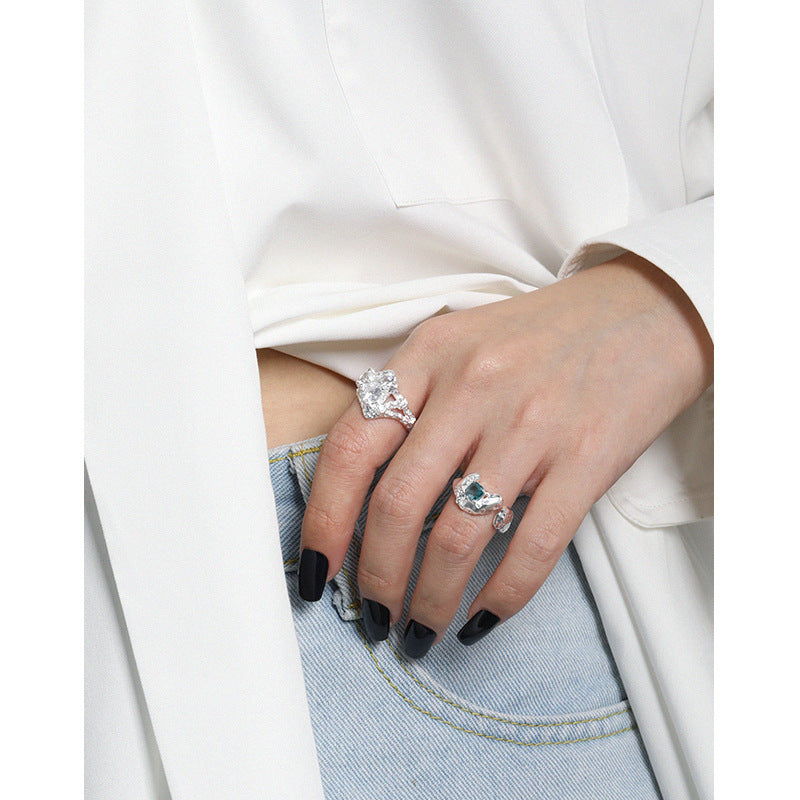 Sale Square Green CZ Irregular 925 Sterling Silver Adjustable Ring