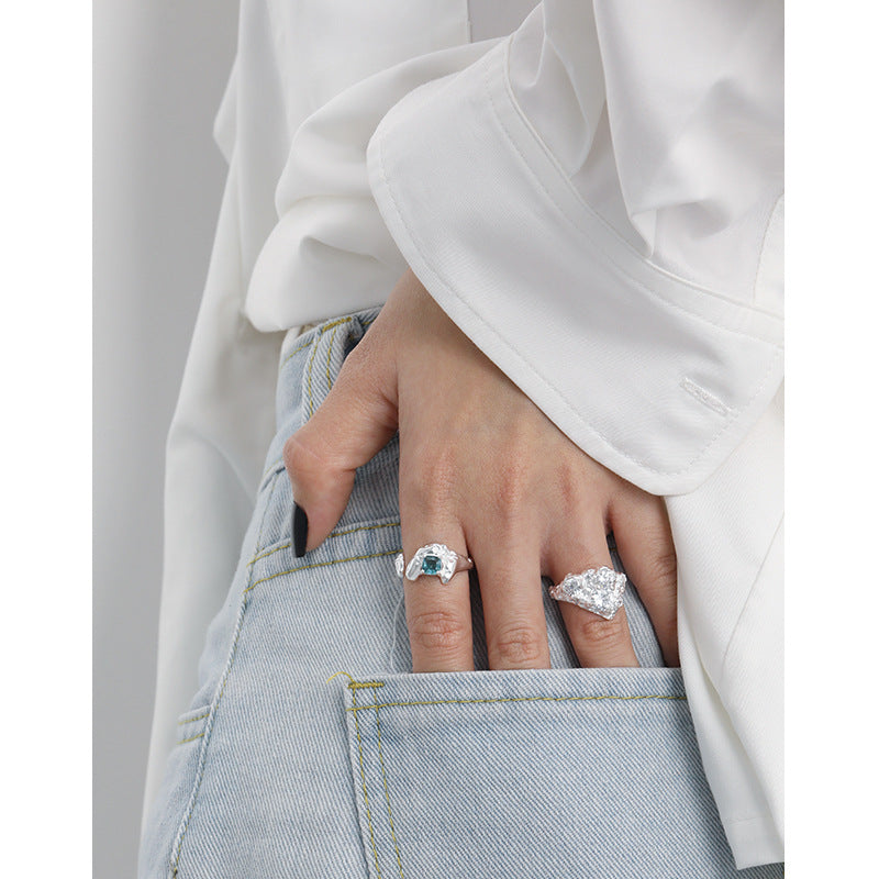 Sale Square Green CZ Irregular 925 Sterling Silver Adjustable Ring