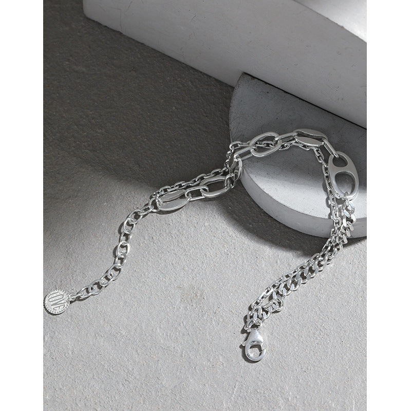 Fashion Double Layers Pig Nose Curb Chain 925 Sterling Silver Bracelet