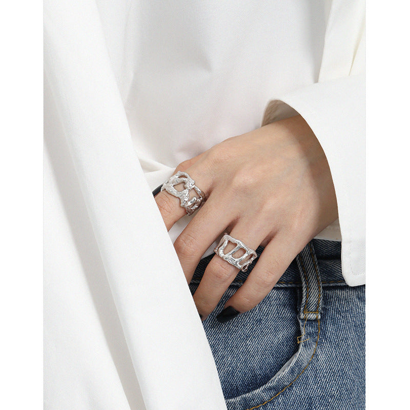 Friend's Hollow Wide 925 Sterling Silver Adjustable Ring