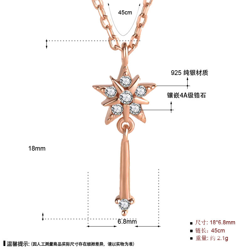 Girl CZ Magic Star Fairy Stick 925 Sterling Silver Necklace