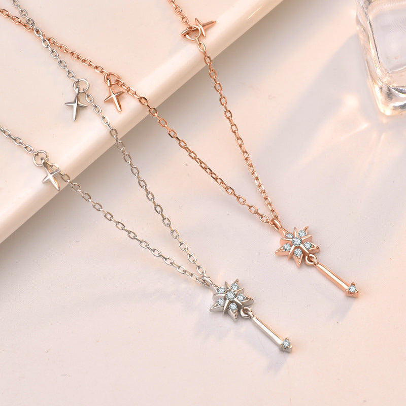 Girl CZ Magic Star Fairy Stick 925 Sterling Silver Necklace