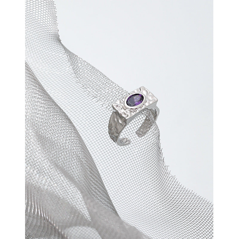 Elegant Purple Oval CZ Eye 925 Sterling Silver Adjustable Ring
