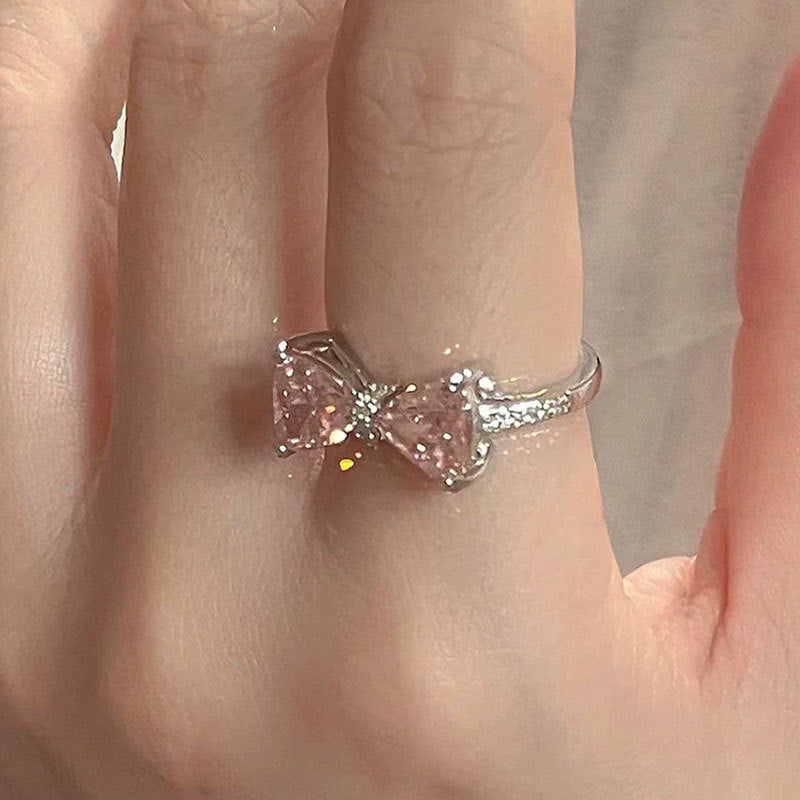New Pink CZ Bow-Knot Girls 925 Sterling Silver Adjustable Ring