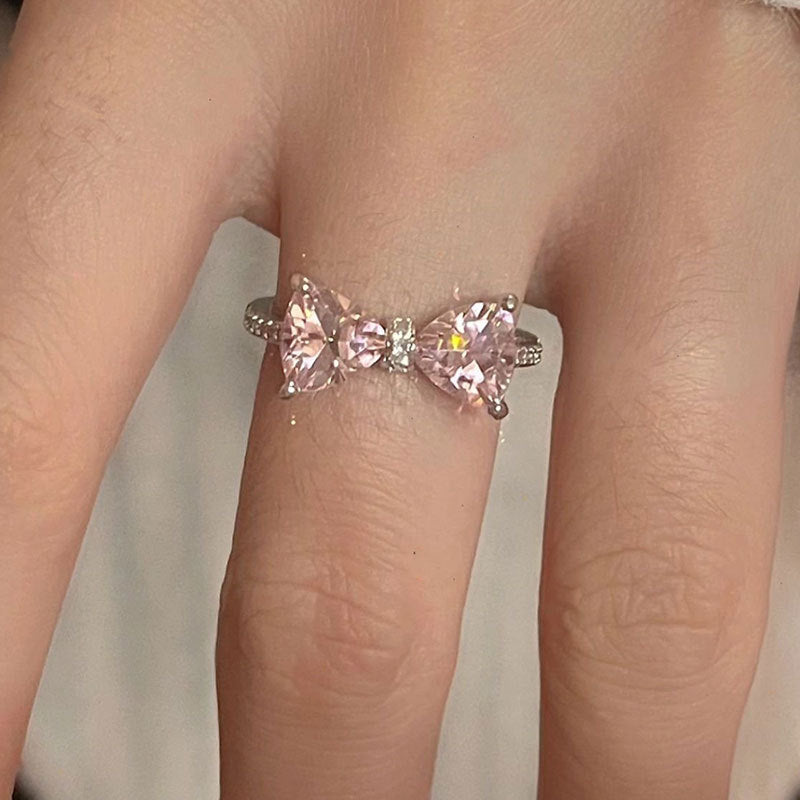 New Pink CZ Bow-Knot Girls 925 Sterling Silver Adjustable Ring