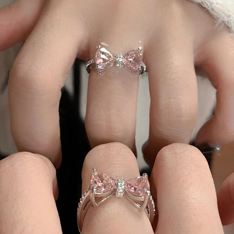 New Pink CZ Bow-Knot Girls 925 Sterling Silver Adjustable Ring