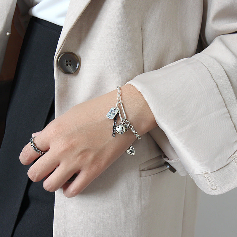 Retro Smile Face Waterdrop Heart Doll Tag 925 Sterling Silver Chain Bracelet
