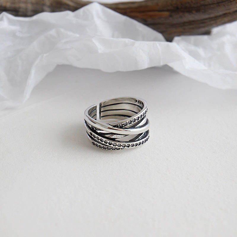 Retro CZ Multi Lines Cross 925 Sterling Silver Adjustable Ring