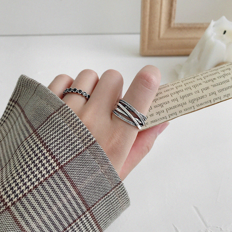 Retro CZ Multi Lines Cross 925 Sterling Silver Adjustable Ring