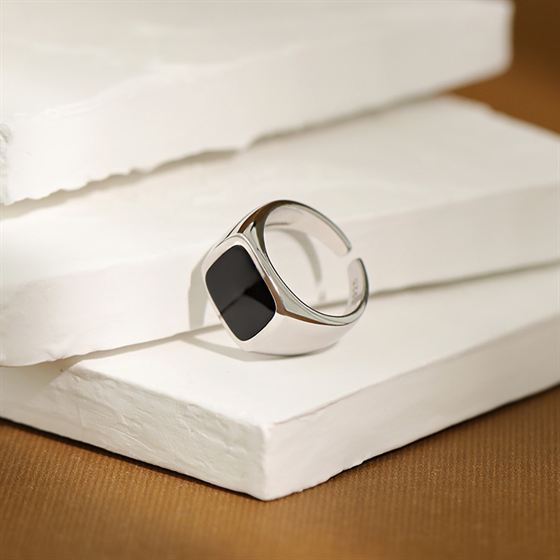 New Geometry Black Square 925 Sterling Silver Adjustable Ring