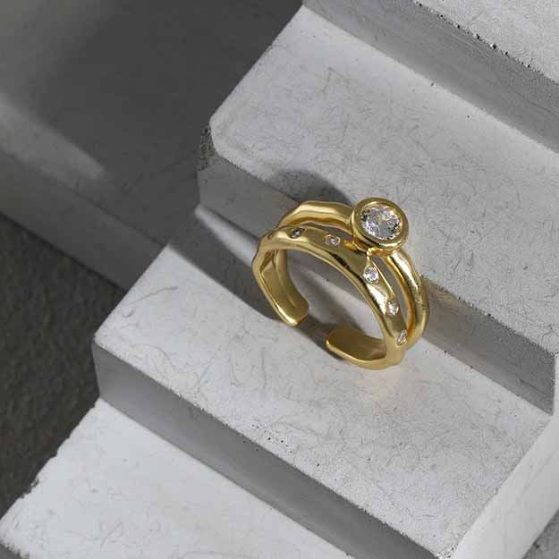 Fashion Double Layer CZ 925 Sterling Silver Adjustable Ring
