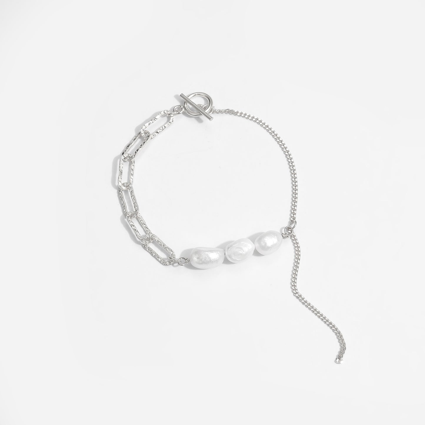 Asymmetry Hollow Chain Baroque Natural Pearl 925 Sterling Silver Bracelet