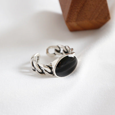 Vintage Oval Black Epoxy Curb Chain 925 Sterling Silver Adjustable Ring