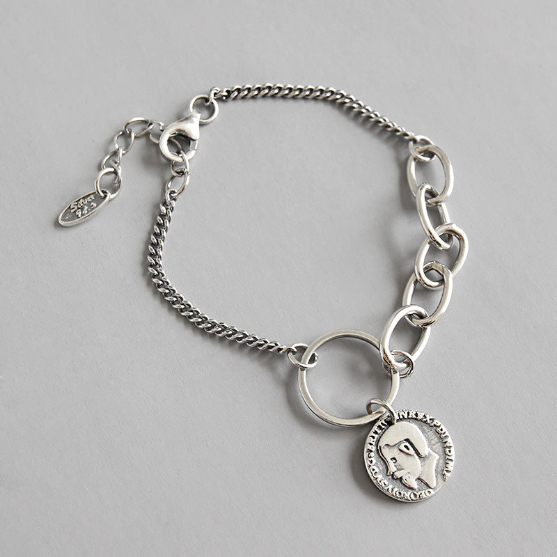 Party Portrait Coconut Tree Coin Chain 925 Sterling Silver Bracelet