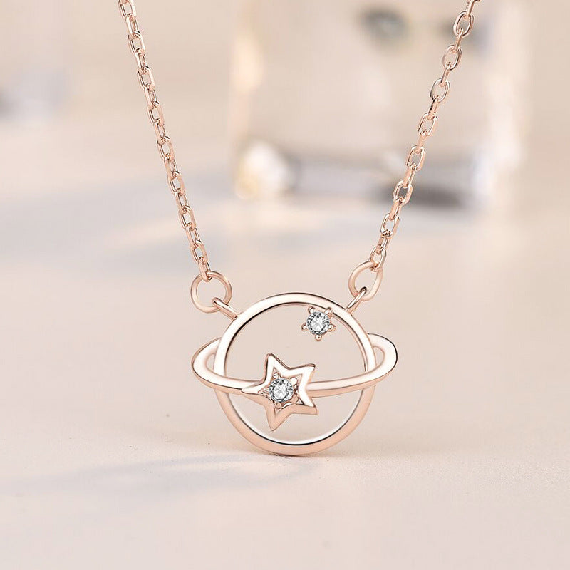 Lady Hollow CZ Star Planet 925 Sterling Silver Necklace