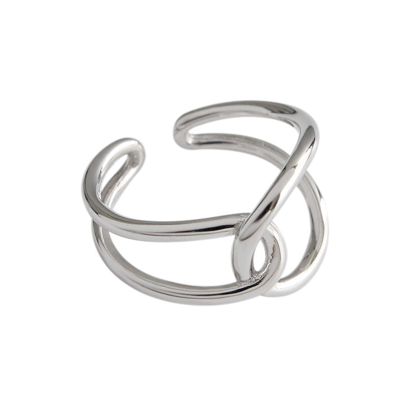 Modern Double Layers Lines Cross 925 Sterling Silver Adjustable Ring
