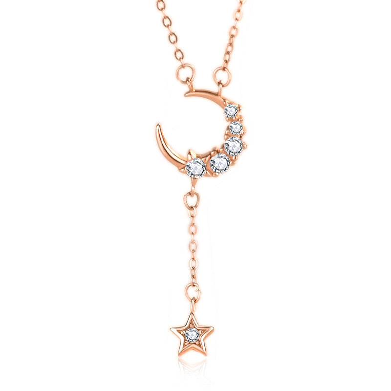 Sweet CZ Crescent Moon Star Tassels 925 Sterling Silver Necklace