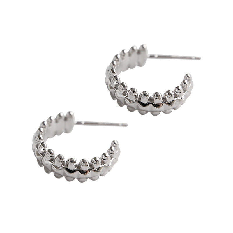 Classic Beads Bubbles C Shape 925 Sterling Silver Hoop Earrings