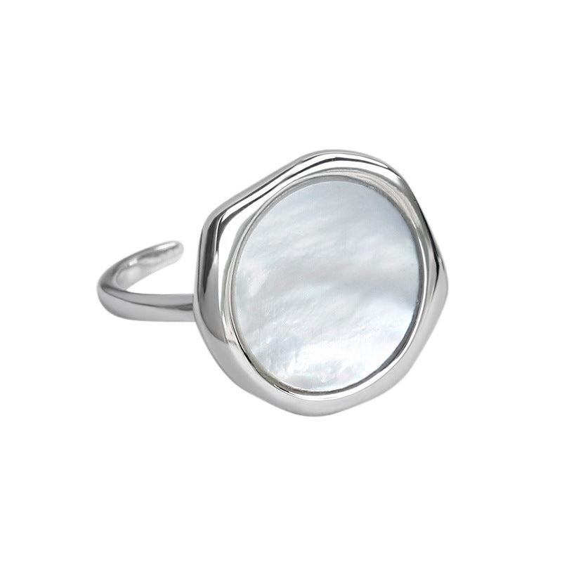 Geometry Round Mother of Shell 925 Sterling Silver Adjustable Ring