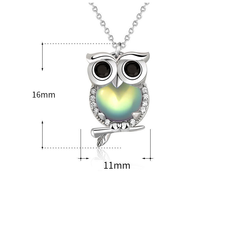 Cute Natural Moonstone CZ Owl 925 Sterling Silver Necklace