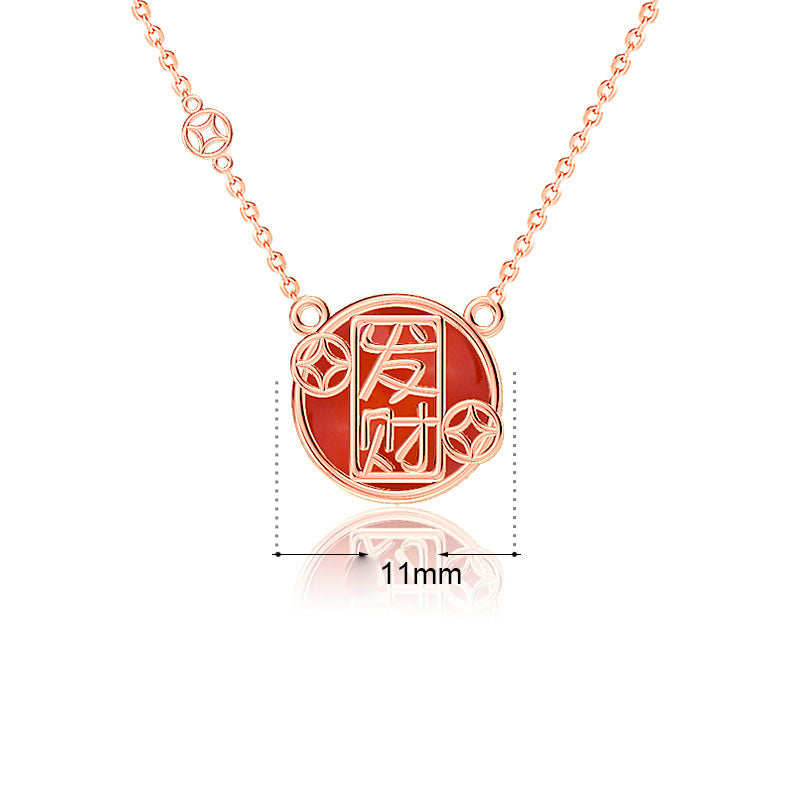 Fashion Red Agate Chinese Fa Cai Coin 925 Sterling Silver Necklace