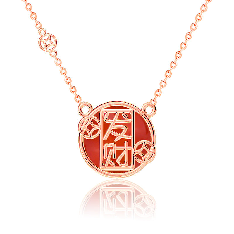 Fashion Red Agate Chinese Fa Cai Coin 925 Sterling Silver Necklace