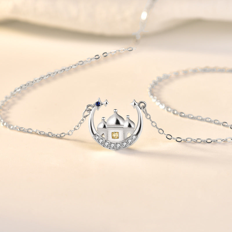 Women CZ Star Moon Castle 925 Sterling Silver Necklace