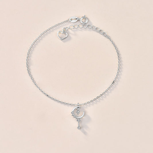 Sweet CZ Crescent Moon Star 925 Sterling Silver Bracelet