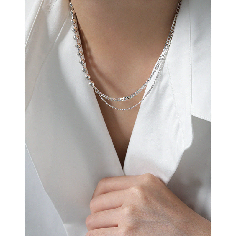 Fashion Asymmetry Beads Chain 925 Sterling Silver Necklace