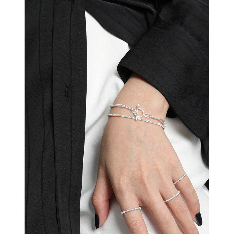 Asymmetry Double Layer Hollow Chain CZ OT 925 Sterling Silver Bracelet