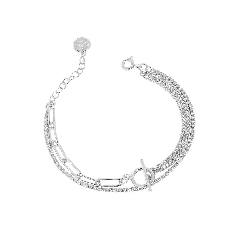 Asymmetry Double Layer Hollow Chain CZ OT 925 Sterling Silver Bracelet