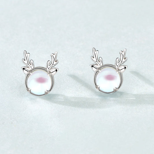 Beautiful Natural Moonstone Elk Deer 925 Sterling Silver Stud Earrings