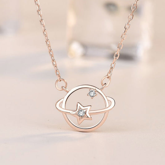 Hot CZ Hollow Planet Star 925 Sterling Silver Necklace