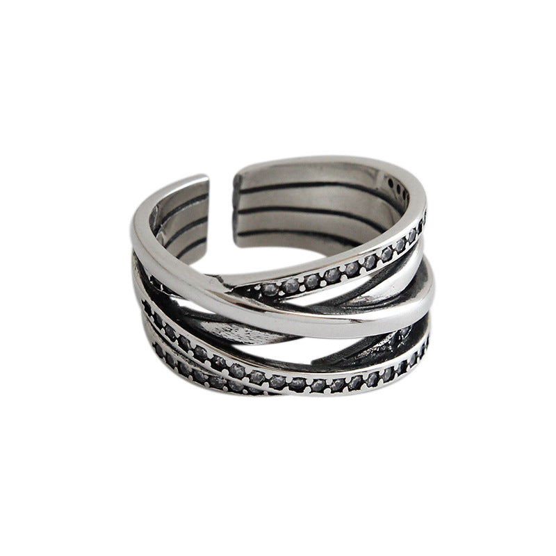 Retro CZ Multi Lines Cross 925 Sterling Silver Adjustable Ring