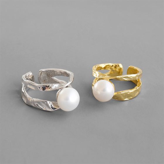 Irregular Line Freshwater Pearl 925 Sterling Silver Adjustable Ring