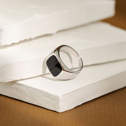 New Geometry Black Square 925 Sterling Silver Adjustable Ring
