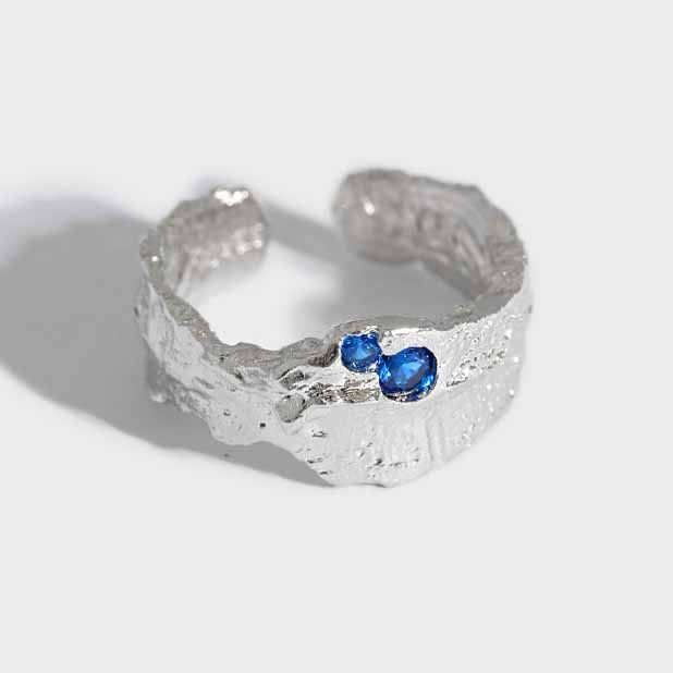 Fashion Irregular Texture Blue CZ 925 Sterling Silver Adjustable Ring