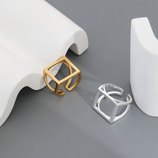 Simple Hollow Square 925 Sterling Silver Adjustable Ring