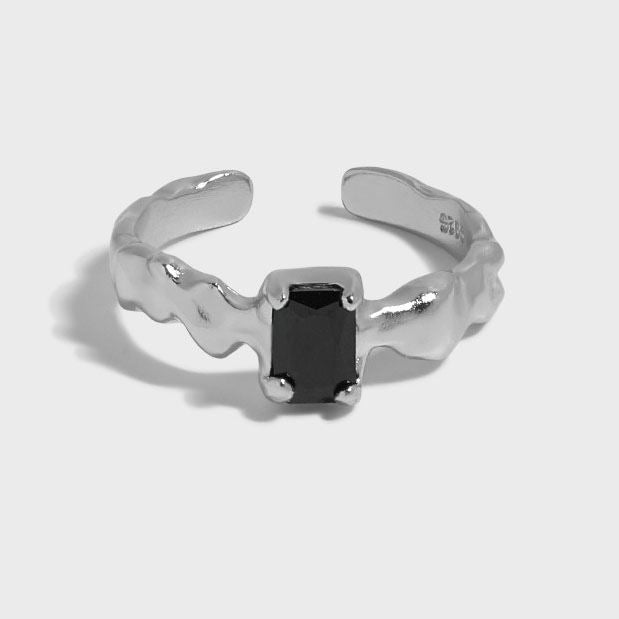 Fashion Irregular Black Geometry CZ 925 Sterling Silver Adjustable Ring