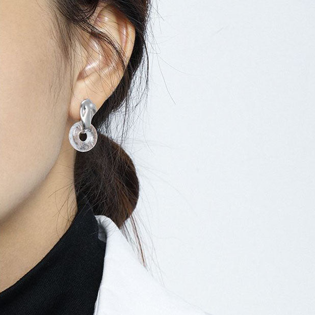 Elegant Geometry Natural Crystal Circle 925 Sterling Silver Dangling Earrings